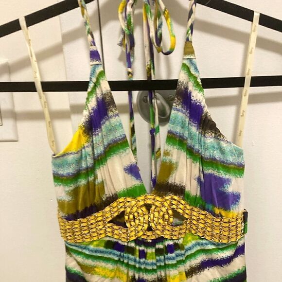 Sky Halter embellished Mini Dress. Yellow/purple/green Abstract Print. Size XS. - Picture 2 of 8